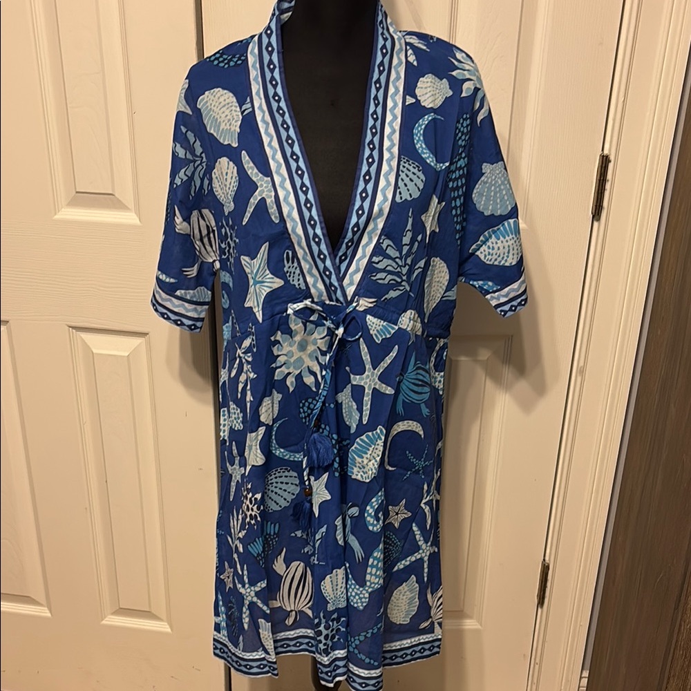 Haute Hippie Blue and White Shell Print Swim Coverup